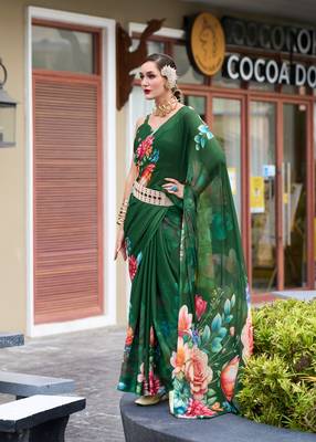 Dark green designer printed georgette saree with blouse 1