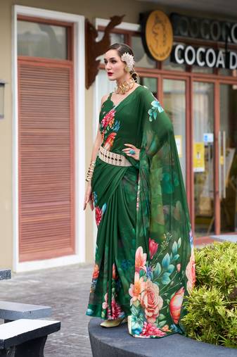 Dark green designer printed pure georgette saree with blouse