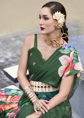 Dark green designer printed georgette saree with blouse 2