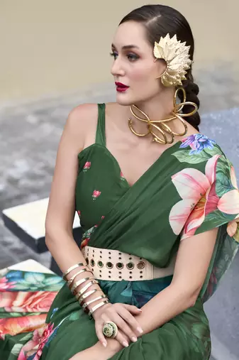 Dark green designer printed georgette saree with blouse