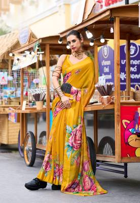 Mustard designer printed georgette saree with blouse 1