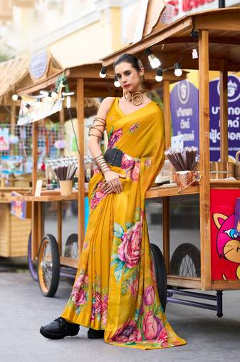 Mustard designer printed pure georgette saree with blouse