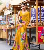 Mustard designer printed georgette saree with blouse