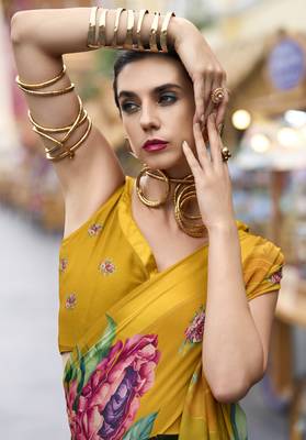 Mustard designer printed georgette saree with blouse 2