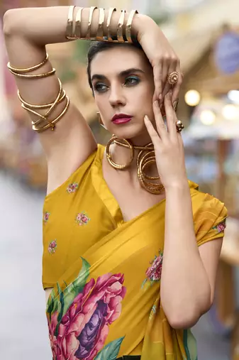 Mustard designer printed georgette saree with blouse
