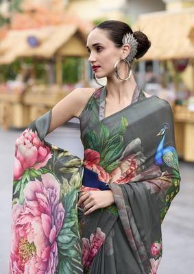 Grey designer printed georgette saree with blouse 2