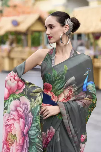 Grey designer printed georgette saree with blouse