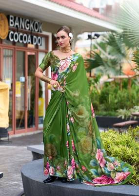 Green designer printed georgette saree with blouse 1