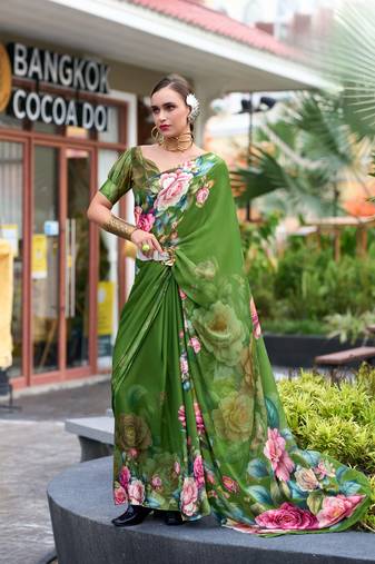Green designer printed pure georgette saree with blouse