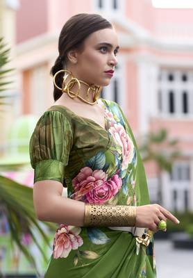 Green designer printed georgette saree with blouse 2