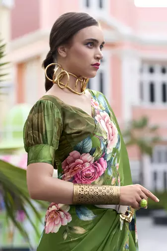 Green designer printed georgette saree with blouse