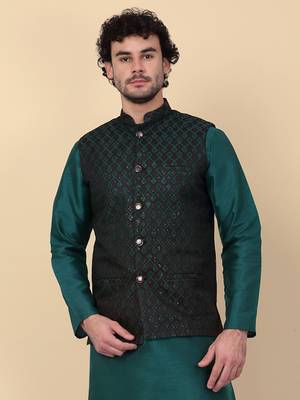 Men black and green embroidered sequins jacquard nehru jacket 1