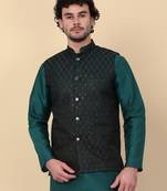 Men black and green embroidered sequins jacquard nehru jacket