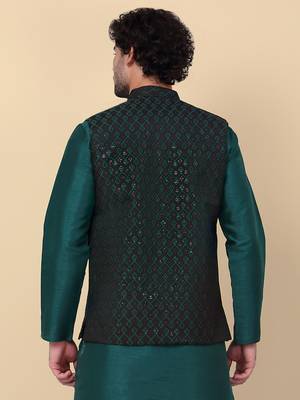 Men black and green embroidered sequins jacquard nehru jacket 2