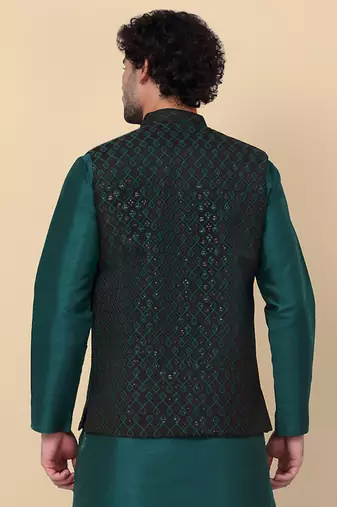 Men black and green embroidered sequins jacquard nehru jacket