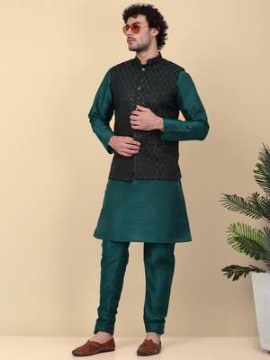 Men black and green embroidered sequins jacquard nehru jacket 3