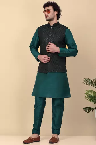 Men black and green embroidered sequins jacquard nehru jacket