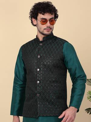 Men black and green embroidered sequins jacquard nehru jacket 4