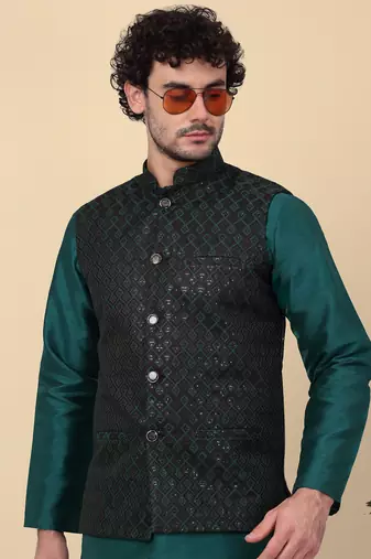 Men black and green embroidered sequins jacquard nehru jacket