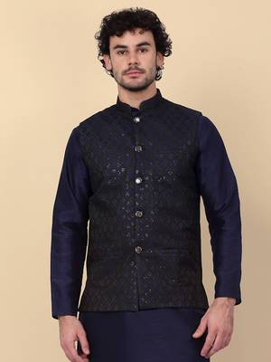 Men black and navy blue embroidered sequins jacquard nehru jacket 1
