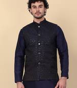 Men black and navy blue embroidered sequins jacquard nehru jacket