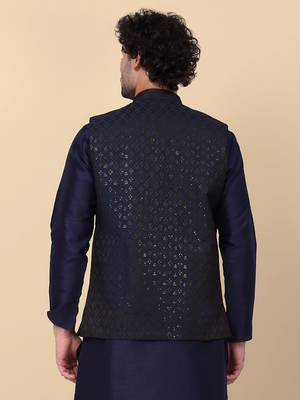 Men black and navy blue embroidered sequins jacquard nehru jacket 2