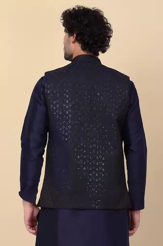 Men black and navy blue embroidered sequins jacquard nehru jacket