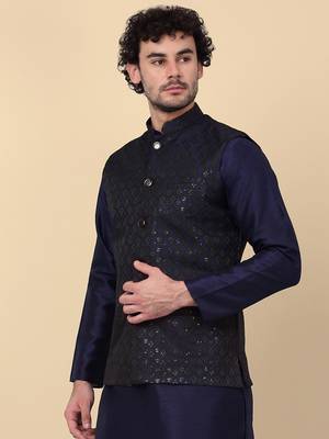 Men black and navy blue embroidered sequins jacquard nehru jacket 3