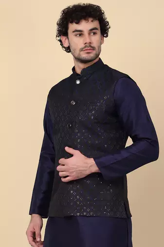 Men black and navy blue embroidered sequins jacquard nehru jacket