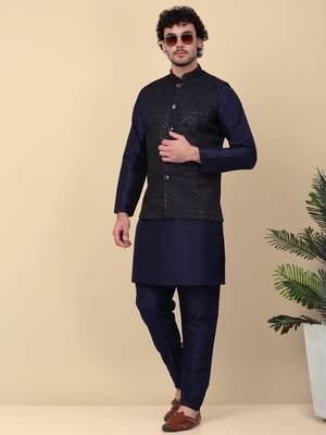 Men black and navy blue embroidered sequins jacquard nehru jacket 4