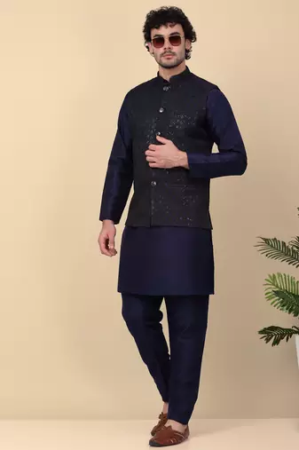 Men black and navy blue embroidered sequins jacquard nehru jacket