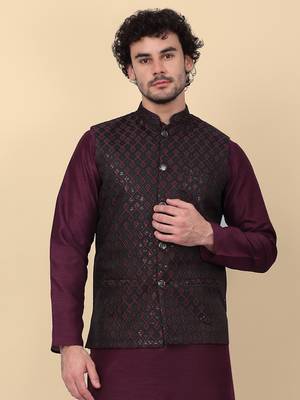 Men black and purple embroidered sequins jacquard nehru jacket 1