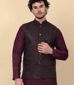 Men black and purple embroidered sequins jacquard nehru jacket