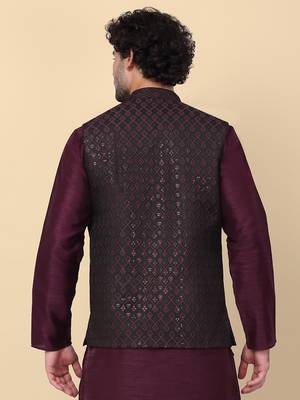 Men black and purple embroidered sequins jacquard nehru jacket 2