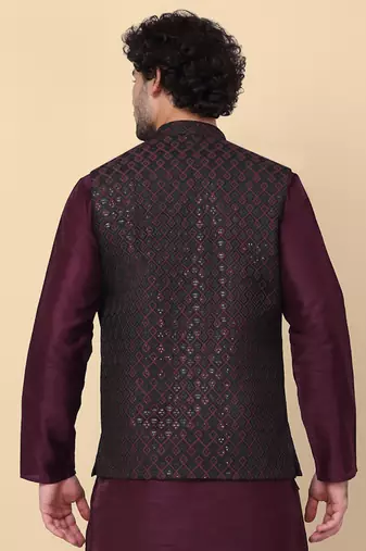 Men black and purple embroidered sequins jacquard nehru jacket