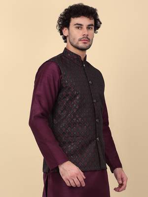 Men black and purple embroidered sequins jacquard nehru jacket 3