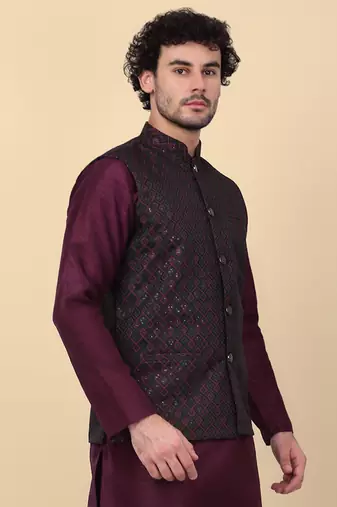 Men black and purple embroidered sequins jacquard nehru jacket