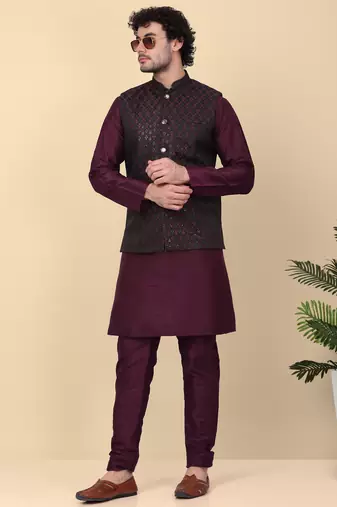 Men black and purple embroidered sequins jacquard nehru jacket