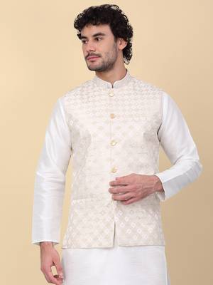 Men beige sequins silk jacquard nehru jacket 1