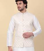 Men beige sequins silk jacquard nehru jacket