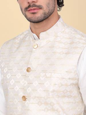 Men beige sequins silk jacquard nehru jacket 2