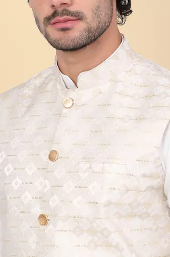 Men beige sequins silk jacquard nehru jacket