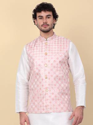 Men peach sequins silk jacquard nehru jacket 1