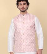 Men peach sequins silk jacquard nehru jacket