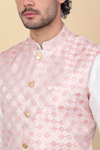Men peach sequins silk jacquard nehru jacket