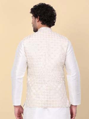 Men beige sequins silk jacquard nehru jacket 3