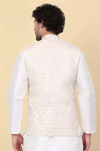 Men beige sequins silk jacquard nehru jacket