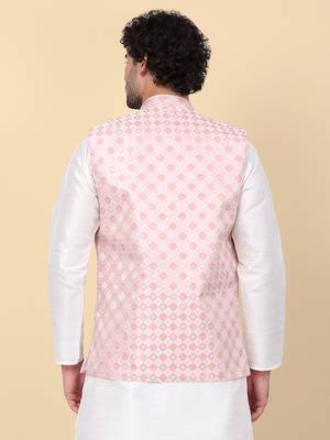 Men peach sequins silk jacquard nehru jacket 3