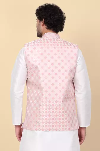 Men peach sequins silk jacquard nehru jacket