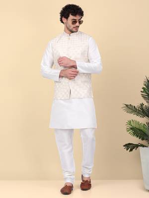 Men beige sequins silk jacquard nehru jacket 4